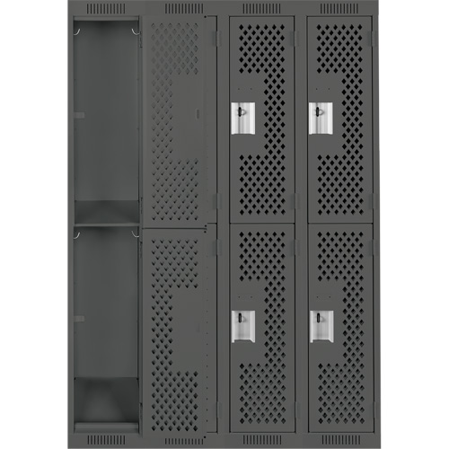 Clean Line Lockers, 2 -tier, Bank of 4, 48" x 12" x 72", Steel, Charcoal, Rivet (Assembled), Perforated Moffatt Supply & Specialties