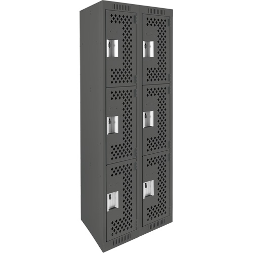 Clean Line Lockers, 3 -tier, Bank of 2, 24" x 12" x 72", Steel, Charcoal, Rivet (Assembled), Perforated Moffatt Supply & Specialties