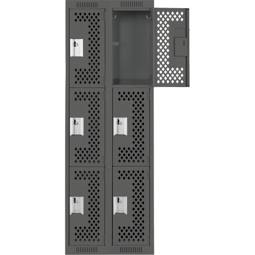 Clean Line Lockers, 3 -tier, Bank of 2, 24" x 12" x 72", Steel, Charcoal, Rivet (Assembled), Perforated Moffatt Supply & Specialties