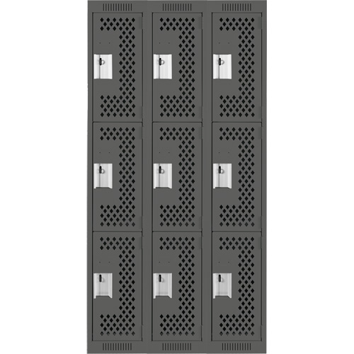 Clean Line Lockers, 3 -tier, Bank of 3, 36" x 12" x 72", Steel, Charcoal, Rivet (Assembled), Perforated Moffatt Supply & Specialties