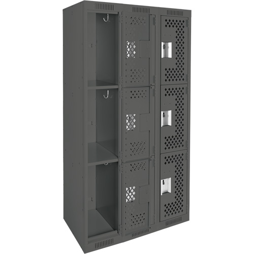 Clean Line Lockers, 3 -tier, Bank of 3, 36" x 12" x 72", Steel, Charcoal, Rivet (Assembled), Perforated Moffatt Supply & Specialties
