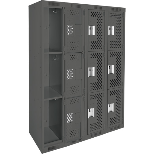 Clean Line Lockers, 3 -tier, Bank of 4, 48" x 12" x 72", Steel, Charcoal, Rivet (Assembled), Perforated Moffatt Supply & Specialties