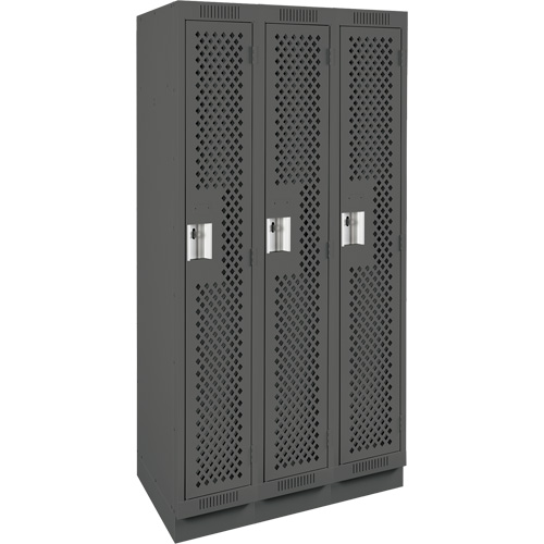 Clean Line Lockers, Bank of 3, 36" x 15" x 76", Steel, Charcoal, Rivet (Assembled), Perforated Moffatt Supply & Specialties