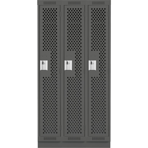 Clean Line Lockers, Bank of 3, 36" x 15" x 76", Steel, Charcoal, Rivet (Assembled), Perforated Moffatt Supply & Specialties
