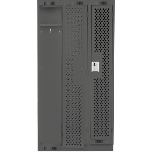 Clean Line Lockers, Bank of 3, 36" x 15" x 76", Steel, Charcoal, Rivet (Assembled), Perforated Moffatt Supply & Specialties