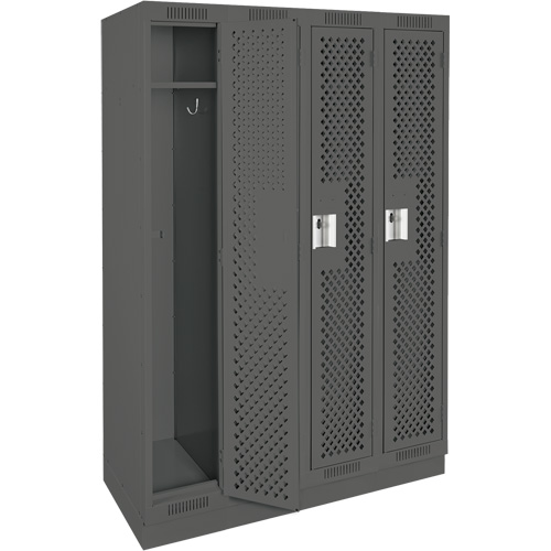 Clean Line Lockers, Bank of 4, 48" x 15" x 76", Steel, Charcoal, Rivet (Assembled), Perforated Moffatt Supply & Specialties