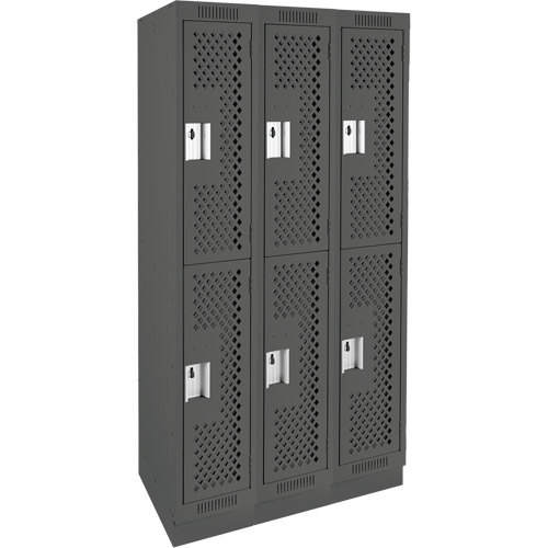 Clean Line Lockers, 2 -tier, Bank of 3, 36" x 12" x 76", Steel, Charcoal, Rivet (Assembled), Perforated Moffatt Supply & Specialties