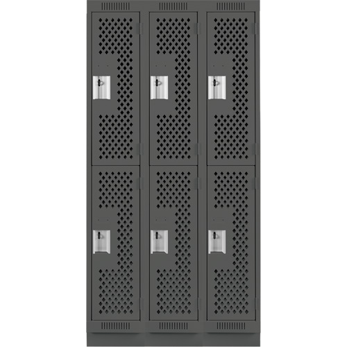 Clean Line Lockers, 2 -tier, Bank of 3, 36" x 12" x 76", Steel, Charcoal, Rivet (Assembled), Perforated Moffatt Supply & Specialties
