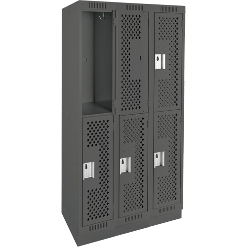 Clean Line Lockers, 2 -tier, Bank of 3, 36" x 12" x 76", Steel, Charcoal, Rivet (Assembled), Perforated Moffatt Supply & Specialties