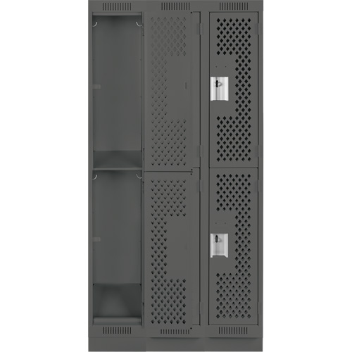 Clean Line Lockers, 2 -tier, Bank of 3, 36" x 12" x 76", Steel, Charcoal, Rivet (Assembled), Perforated Moffatt Supply & Specialties