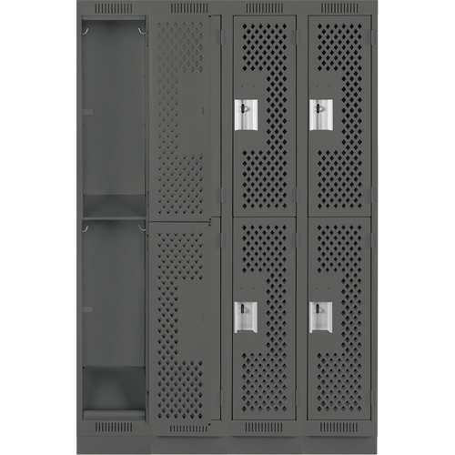 Clean Line Lockers, 2 -tier, Bank of 4, 48" x 18" x 76", Steel, Charcoal, Rivet (Assembled), Perforated Moffatt Supply & Specialties