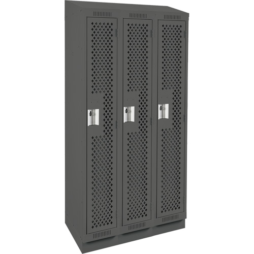 Clean Line Lockers, Bank of 3, 36" x 18" x 82", Steel, Charcoal, Rivet (Assembled), Perforated Moffatt Supply & Specialties