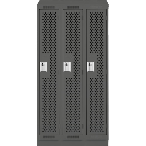 Clean Line Lockers, Bank of 3, 36" x 18" x 82", Steel, Charcoal, Rivet (Assembled), Perforated Moffatt Supply & Specialties