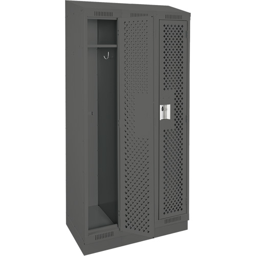 Clean Line Lockers, Bank of 3, 36" x 18" x 82", Steel, Charcoal, Rivet (Assembled), Perforated Moffatt Supply & Specialties