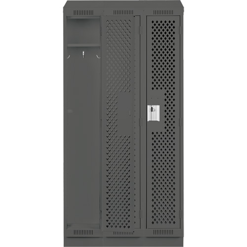 Clean Line Lockers, Bank of 3, 36" x 18" x 82", Steel, Charcoal, Rivet (Assembled), Perforated Moffatt Supply & Specialties