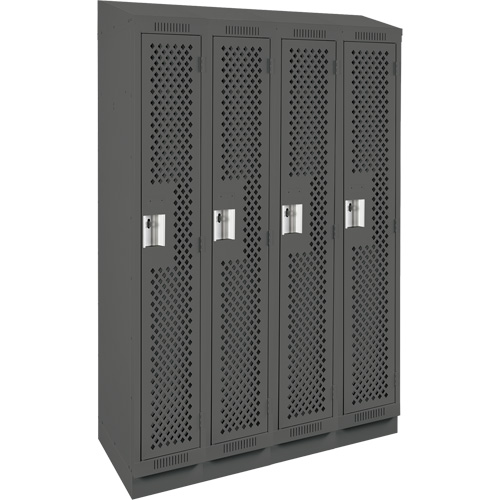 Clean Line Lockers, Bank of 4, 48" x 18" x 82", Steel, Charcoal, Rivet (Assembled), Perforated Moffatt Supply & Specialties