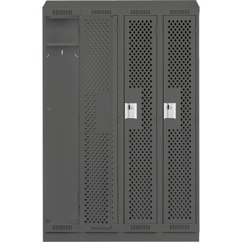 Clean Line Lockers, Bank of 4, 48" x 18" x 82", Steel, Charcoal, Rivet (Assembled), Perforated Moffatt Supply & Specialties