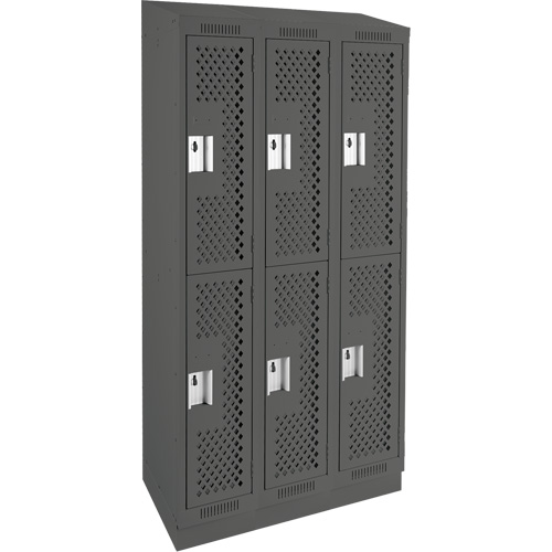 Clean Line Lockers, 2 -tier, Bank of 3, 36" x 12" x 82", Steel, Charcoal, Rivet (Assembled), Perforated Moffatt Supply & Specialties