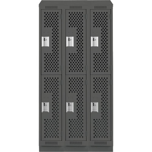 Clean Line Lockers, 2 -tier, Bank of 3, 36" x 12" x 82", Steel, Charcoal, Rivet (Assembled), Perforated Moffatt Supply & Specialties