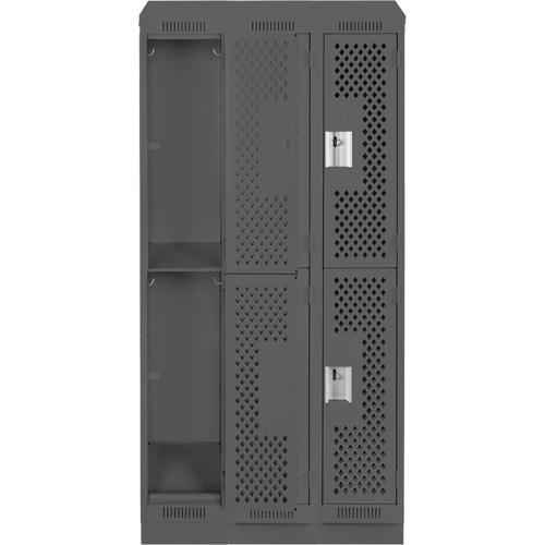 Clean Line Lockers, 2 -tier, Bank of 3, 36" x 12" x 82", Steel, Charcoal, Rivet (Assembled), Perforated Moffatt Supply & Specialties