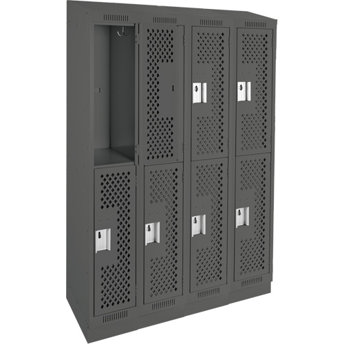 Clean Line Lockers, 2 -tier, Bank of 4, 48" x 12" x 82", Steel, Charcoal, Rivet (Assembled), Perforated Moffatt Supply & Specialties