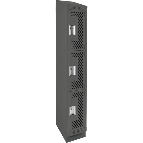 Clean Line Lockers, 3 -tier, 12" x 18" x 82", Steel, Charcoal, Rivet (Assembled), Perforated Moffatt Supply & Specialties