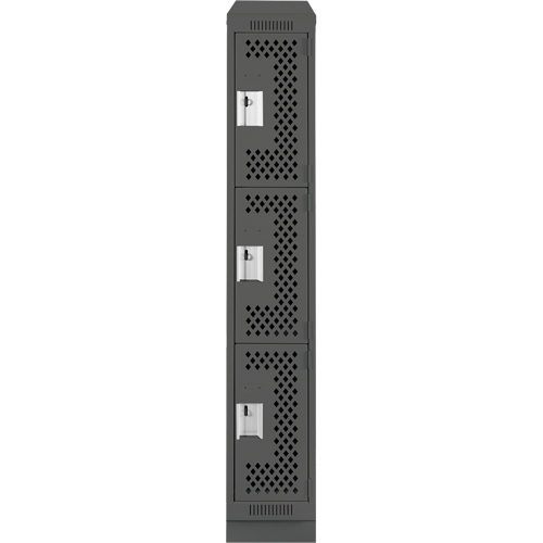 Clean Line Lockers, 3 -tier, 12" x 18" x 82", Steel, Charcoal, Rivet (Assembled), Perforated Moffatt Supply & Specialties