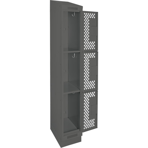 Clean Line Lockers, 3 -tier, 12" x 18" x 82", Steel, Charcoal, Rivet (Assembled), Perforated Moffatt Supply & Specialties