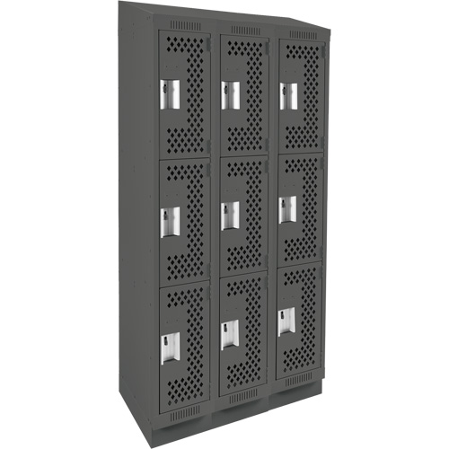 Clean Line Lockers, 3 -tier, Bank of 3, 36" x 18" x 82", Steel, Charcoal, Rivet (Assembled), Perforated Moffatt Supply & Specialties
