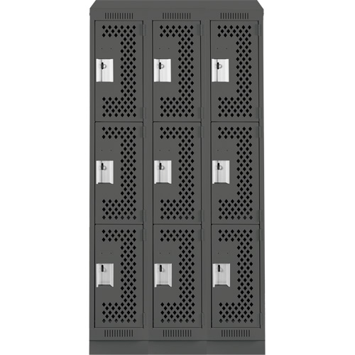 Clean Line Lockers, 3 -tier, Bank of 3, 36" x 18" x 82", Steel, Charcoal, Rivet (Assembled), Perforated Moffatt Supply & Specialties