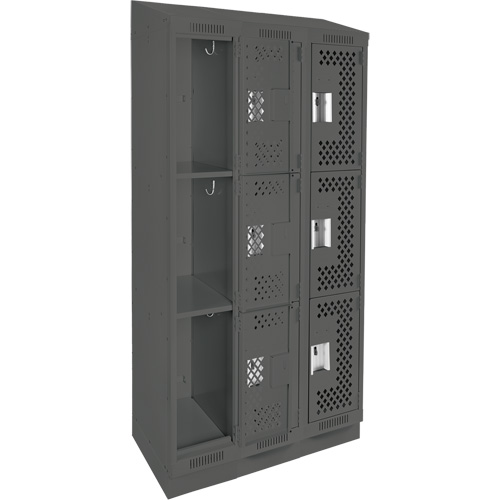 Clean Line Lockers, 3 -tier, Bank of 3, 36" x 18" x 82", Steel, Charcoal, Rivet (Assembled), Perforated Moffatt Supply & Specialties