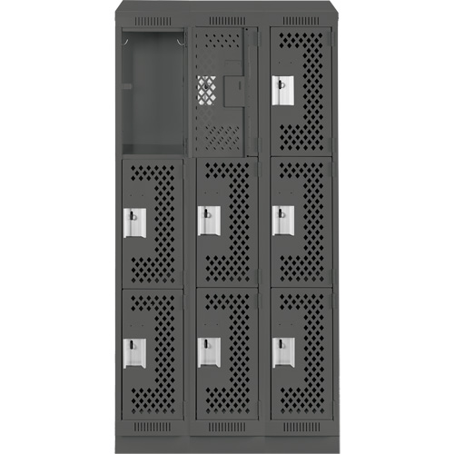 Clean Line Lockers, 3 -tier, Bank of 3, 36" x 18" x 82", Steel, Charcoal, Rivet (Assembled), Perforated Moffatt Supply & Specialties