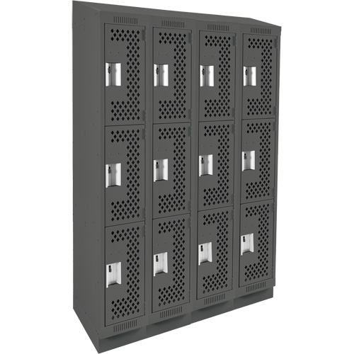 Clean Line Lockers, 3 -tier, Bank of 4, 48" x 18" x 82", Steel, Charcoal, Rivet (Assembled), Perforated Moffatt Supply & Specialties