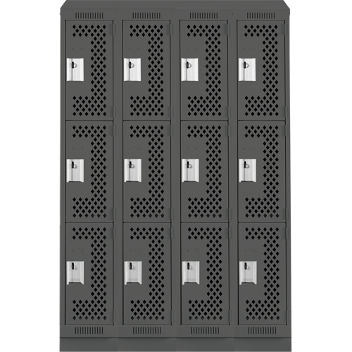 Clean Line Lockers, 3 -tier, Bank of 4, 48" x 18" x 82", Steel, Charcoal, Rivet (Assembled), Perforated Moffatt Supply & Specialties