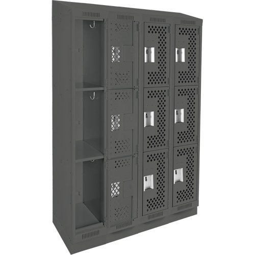 Clean Line Lockers, 3 -tier, Bank of 4, 48" x 18" x 82", Steel, Charcoal, Rivet (Assembled), Perforated Moffatt Supply & Specialties