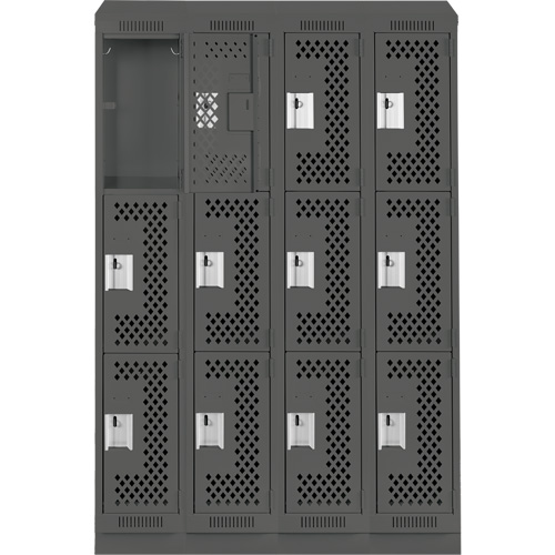 Clean Line Lockers, 3 -tier, Bank of 4, 48" x 18" x 82", Steel, Charcoal, Rivet (Assembled), Perforated Moffatt Supply & Specialties
