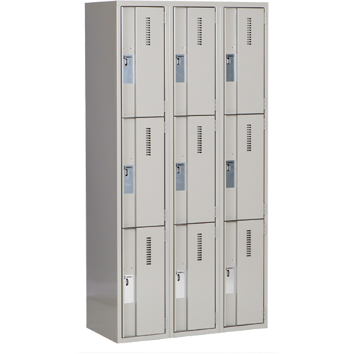 Concorde Heavy-Duty Lockers, 3 -tier, Bank of 3, 36" x 18" x 72", Steel, Grey, Welded (Assembled) Moffatt Supply & Specialties