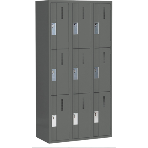 Concorde Heavy-Duty Lockers, 3 -tier, Bank of 3, 36" x 18" x 72", Steel, Charcoal, Welded (Assembled) Moffatt Supply & Specialties