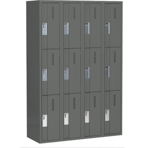 Concorde Heavy-Duty Lockers, 3 -tier, Bank of 4, 48" x 18" x 72", Steel, Charcoal, Welded (Assembled) Moffatt Supply & Specialties
