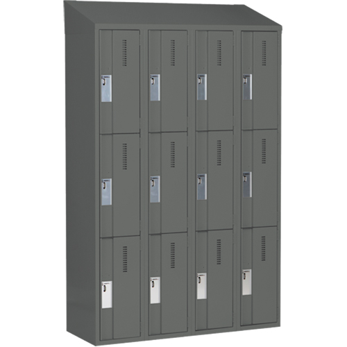 Concorde Heavy-Duty Lockers, 3 -tier, Bank of 4, 48" x 18" x 78", Steel, Charcoal, Welded (Assembled) Moffatt Supply & Specialties