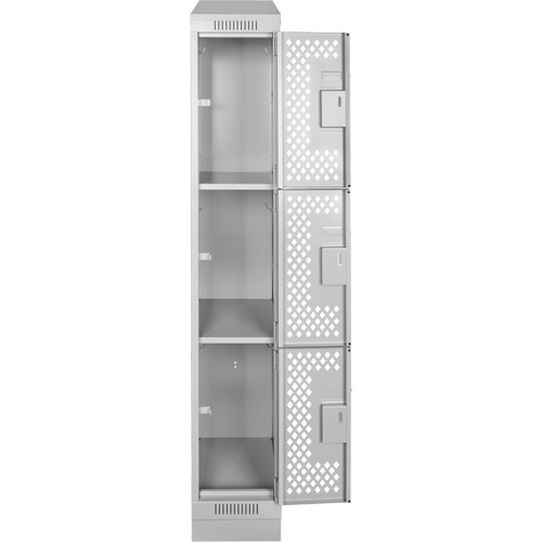 Clean Line Lockers, 3 -tier, 12" x 12" x 72", Steel, Grey, Rivet (Assembled), Perforated Moffatt Supply & Specialties