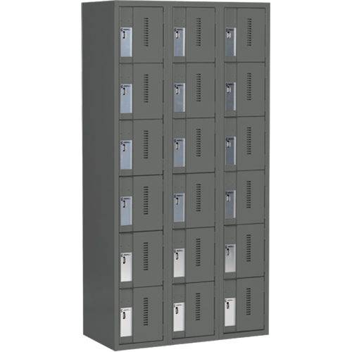 Concorde Heavy-Duty Lockers, 6 -tier, Bank of 3, 36" x 18" x 72", Steel, Charcoal, Welded (Assembled) Moffatt Supply & Specialties