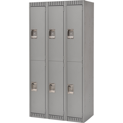Lockers, 2 -tier, Bank of 3, 36" x 18" x 72", Steel, Grey, Knocked Down Moffatt Supply & Specialties
