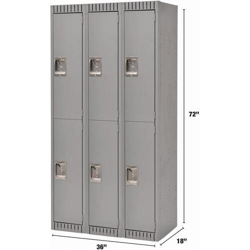Lockers, 2 -tier, Bank of 3, 36" x 18" x 72", Steel, Grey, Knocked Down Moffatt Supply & Specialties