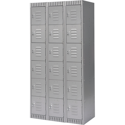 Lockers, 6 -tier, Bank of 3, 36" x 18" x 72", Steel, Grey, Knocked Down Moffatt Supply & Specialties