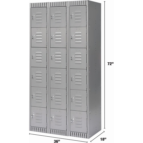 Lockers, 6 -tier, Bank of 3, 36" x 18" x 72", Steel, Grey, Knocked Down Moffatt Supply & Specialties