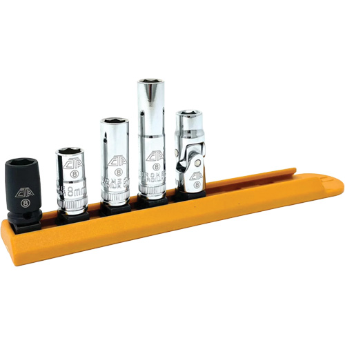 Jeu de douilles chrom&eacute;es avec rail, 5 Morceaux, Prise de 1/4" Moffatt Supply & Specialties