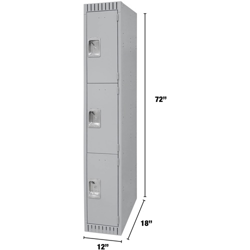 Lockers, 3 -tier, 12" x 18" x 72", Steel, Grey, Knocked Down Moffatt Supply & Specialties