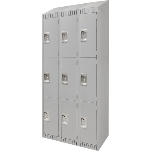 Lockers, 3 -tier, Bank of 3, 36" x 18" x 82", Steel, Grey, Knocked Down Moffatt Supply & Specialties