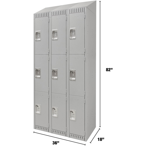 Lockers, 3 -tier, Bank of 3, 36" x 18" x 82", Steel, Grey, Knocked Down Moffatt Supply & Specialties